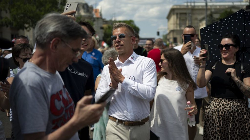 A challenger to Hungarian Prime Minister Viktor Orbán, Péter Magyar, about to addresses supporters on the eve of European Parliament elections on June 8th 2024