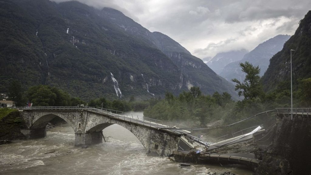 he bridge in Visletteo destroyed due to the storm, in Visletto, in the Maggia Valley, southern Switzerland on Sunday June 30, 2024.
