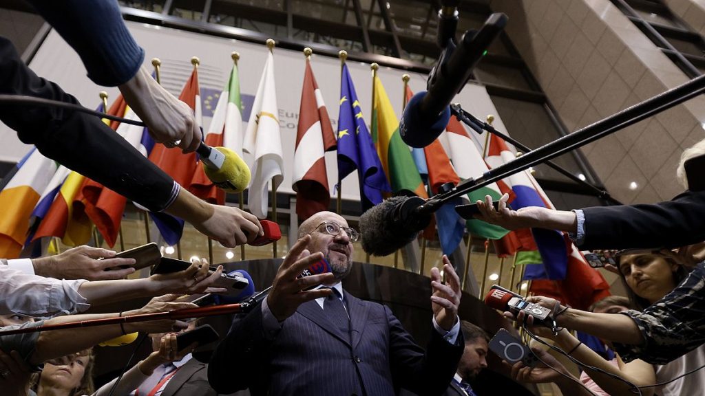 European Council President Charles Michel addresses the media at the conclusion of an EU summit at the European Council building in Brussels, early Tuesday, June 18, 2024.