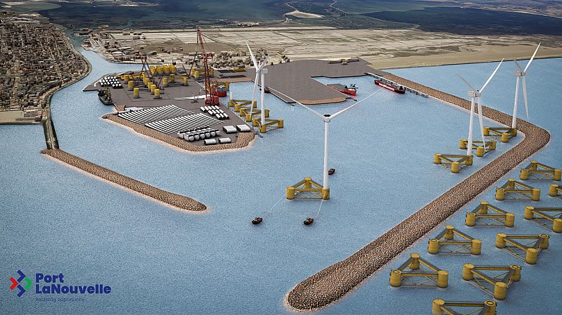 Une représentation 3D de Port-La-Nouvelle avec des éoliennes flottantes installées.