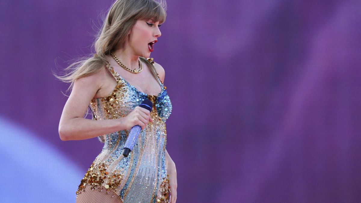 Singer Taylor Swift performs on stage during her Eras Tour at the Murrayfield Stadium in Edinburgh, Friday June 7, 2024. (Jane Barlow/PA via AP)