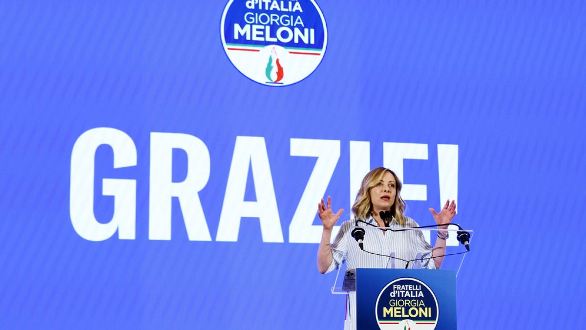 Italian Prime Minister Giorgia Meloni speaks about the results of the European Parliamentary elections at a press conference at the Fratelli d