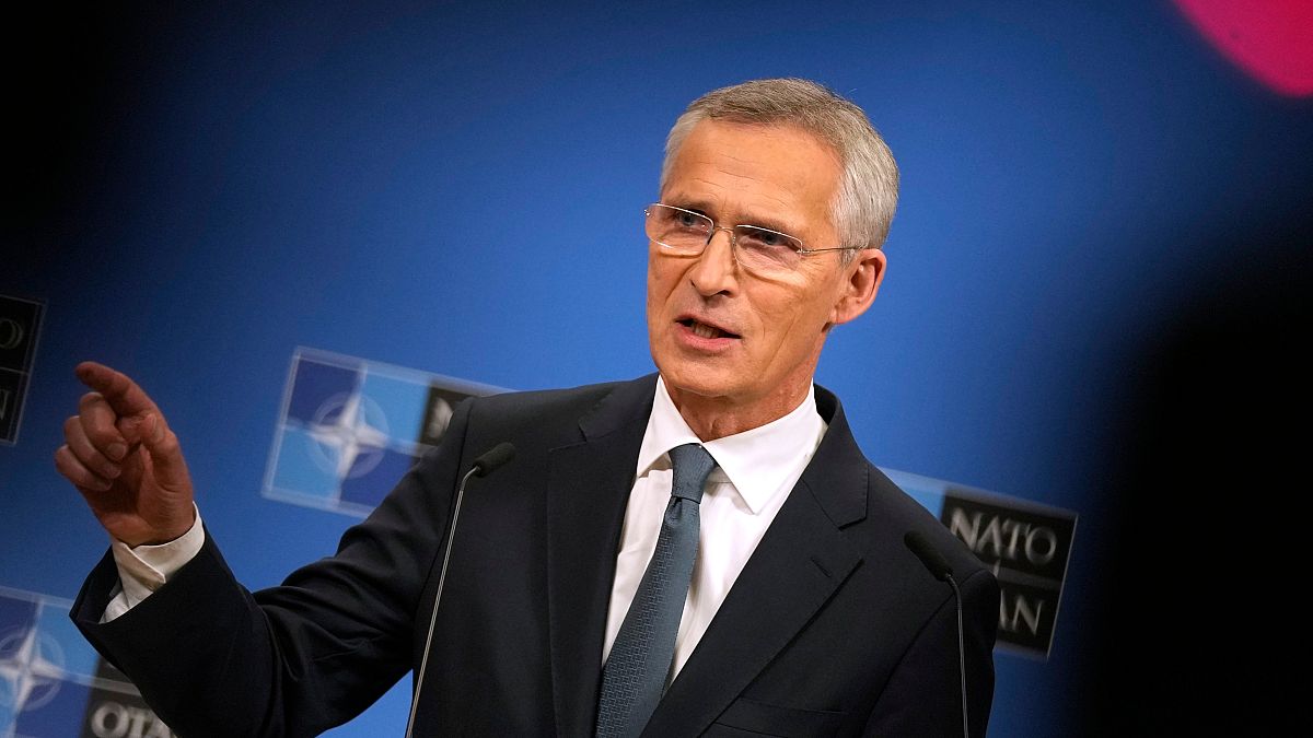 NATO Secretary General Jens Stoltenberg addresses a media conference after a meeting of NATO defence ministers at NATO headquarters in Brussels, Friday, June 14, 2024.