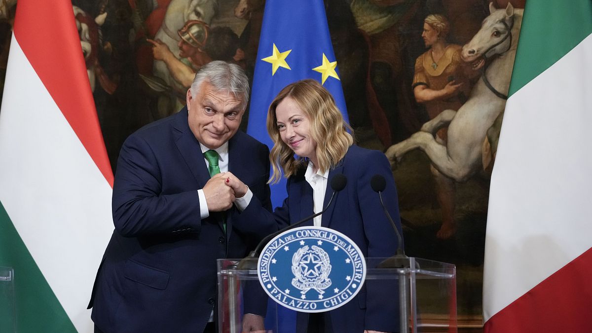 Hungarian Prime Minister Viktor Orbán and Italian Prime Minister Giorgia Meloni, two of the main faces of the radical right in Europe