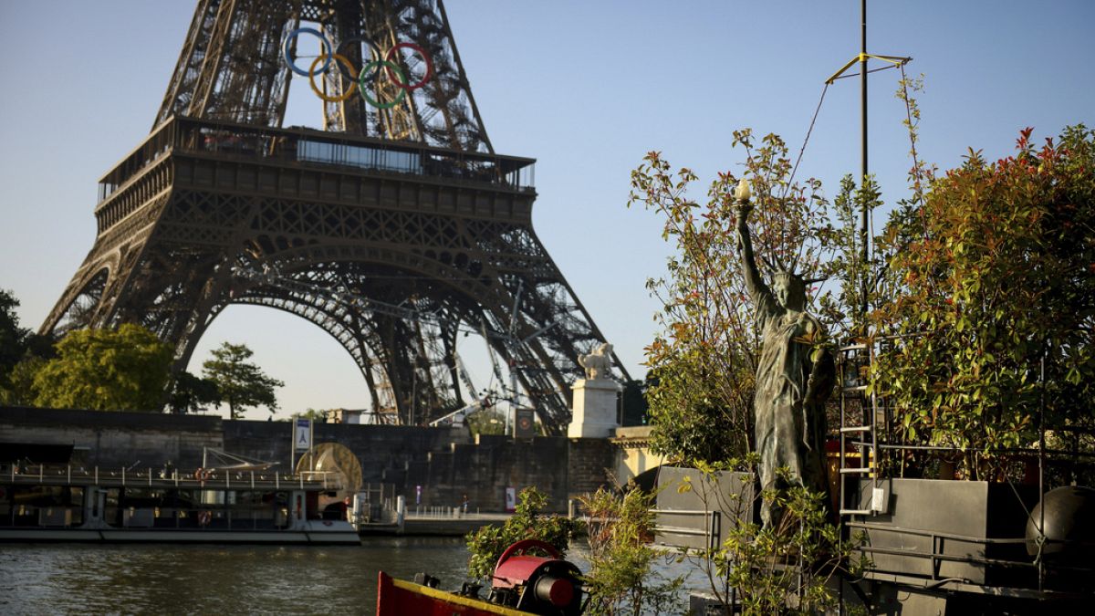 The Olympic rings are displayed on the Eiffel Tower Friday, June 7, 2024 in Paris.