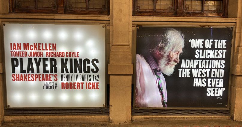 Un panneau pour Player Kings au Noel Coward Theatre de Londres, avec Sir Ian McKellen