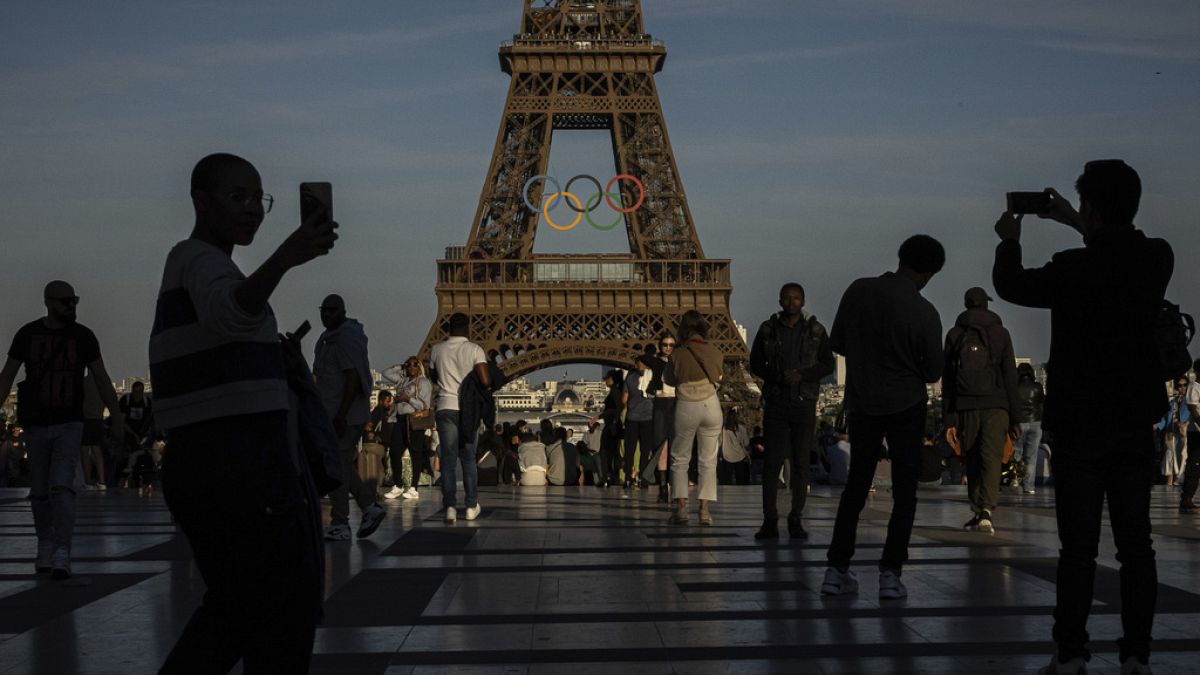 FILE - The Olympic rings on the Eiffel Tower Friday, June 7, 2024 in Paris