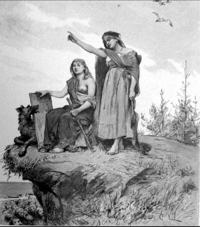 La voyante raconte sa prophétie dans cette illustration d'une traduction suédoise du XIXe siècle de l'Edda poétique.