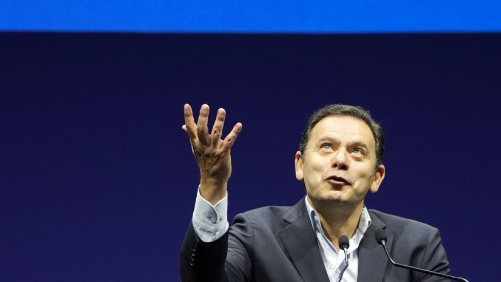 Luis Montenegro, leader of the center-right Democratic Alliance coalition, delivers a speech during closing rally in Lisbon, Friday, March 8, 2024 (AP Photo/Armando Franca)