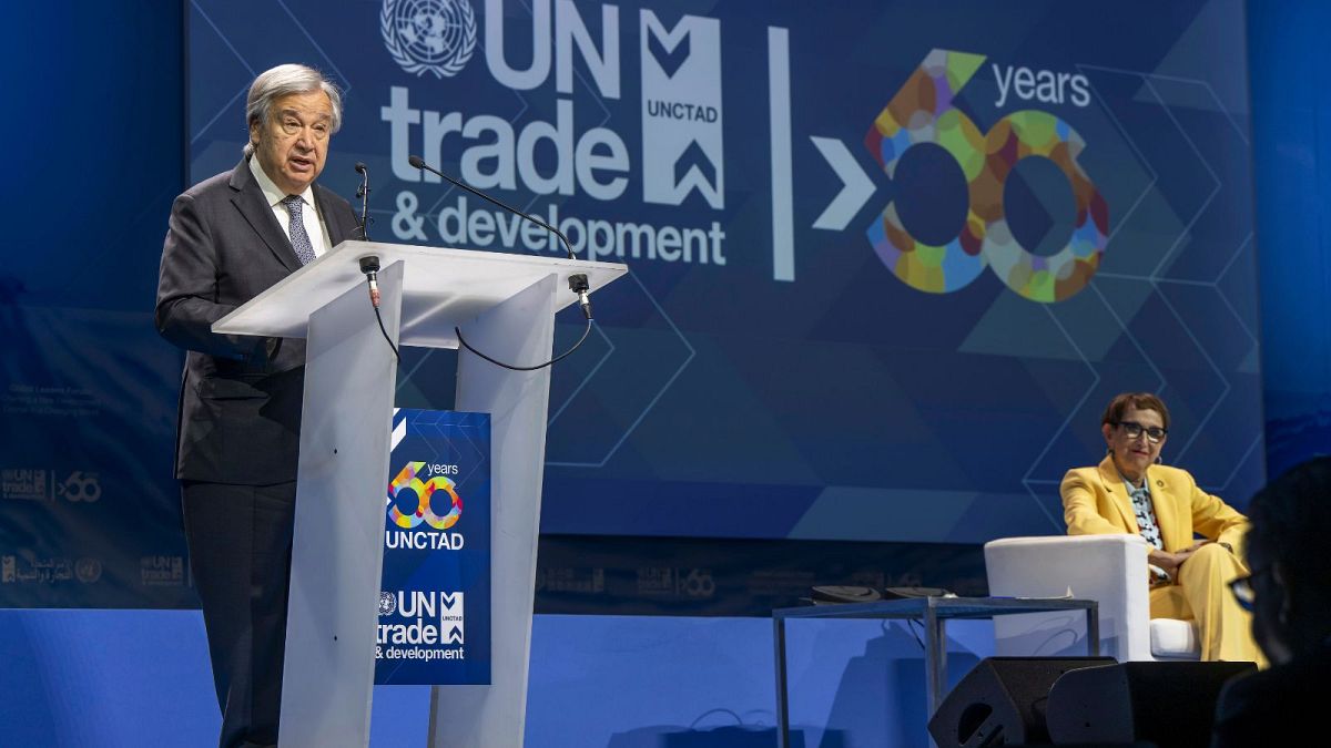 U.N. Secretary-General Antonio Guterres speaks as Rebeca Grynspan, right, Secretary-General of the United Nations Conference on Trade and Development (UNCTAD)