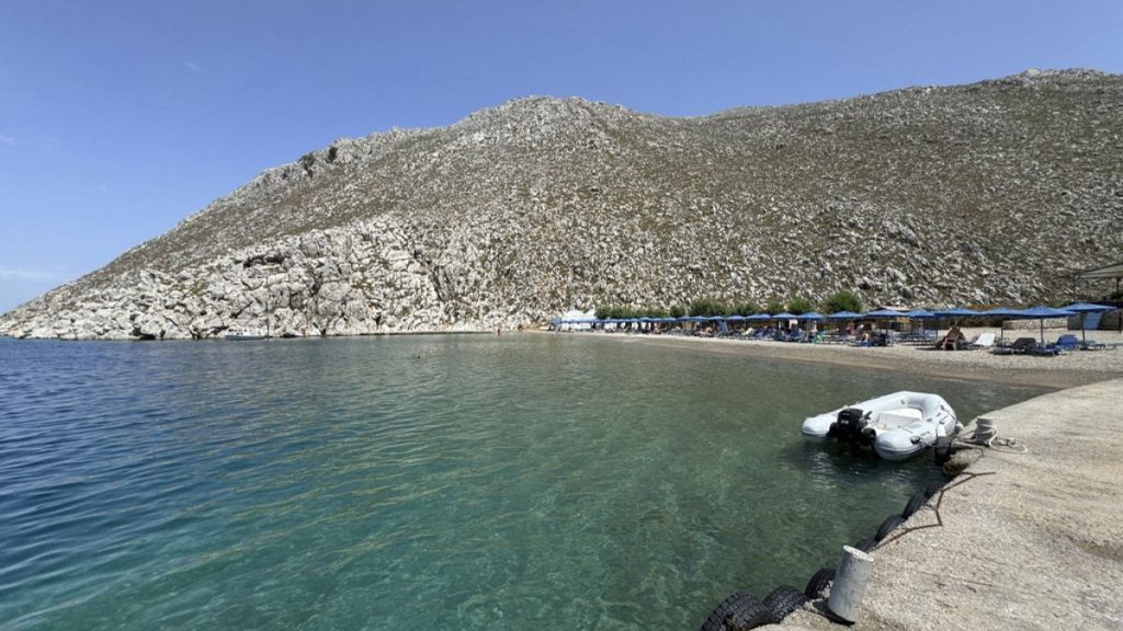 Beach of Agios Nikolaos from where British doctor and television presenter Michael Mosley, is believed to have set out, on the island of Symi, Greece, June 7th 2024