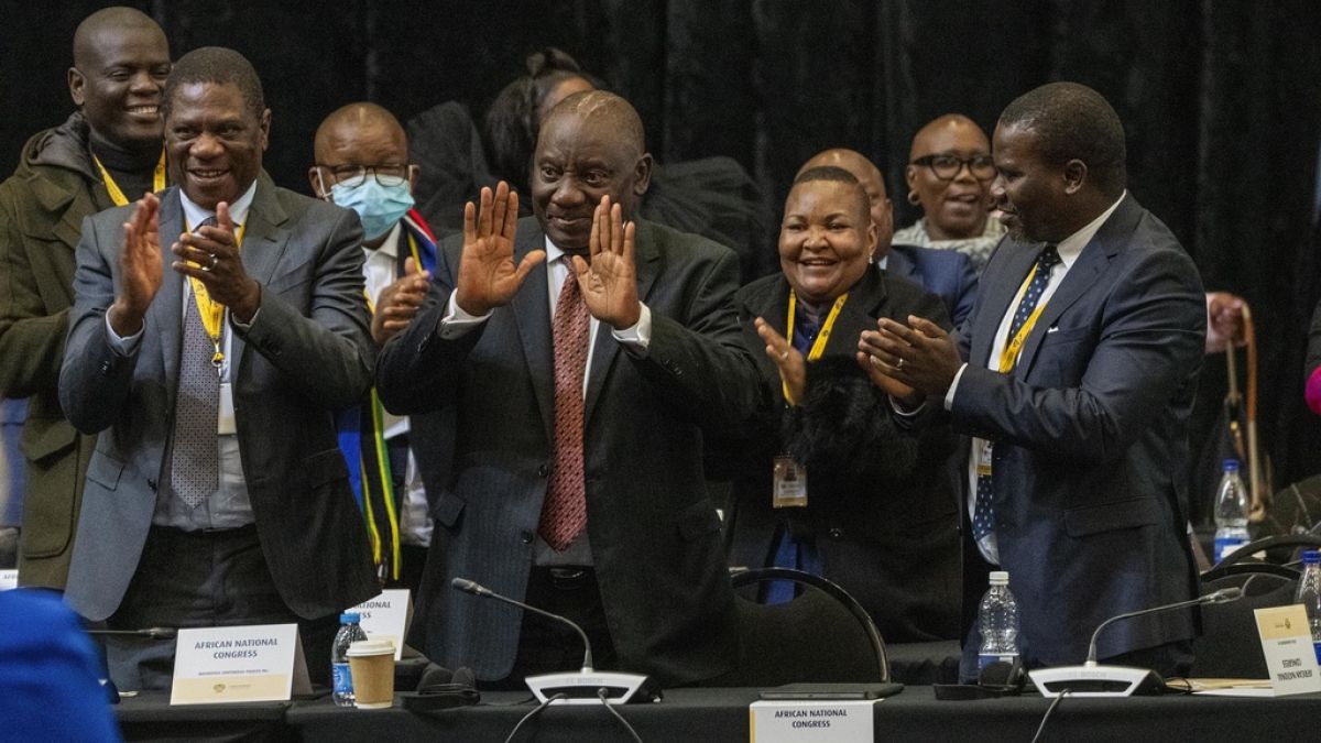 South African président Cyril Ramaphosa reacts after being reelected as leader of the country in Cape Town, South Africa, Friday, June 14, 2024.