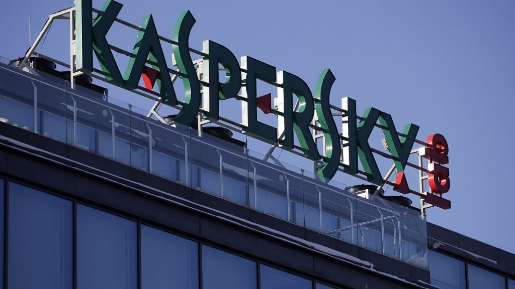 The sign is seen above the headquarters of Kaspersky Lab in Moscow.