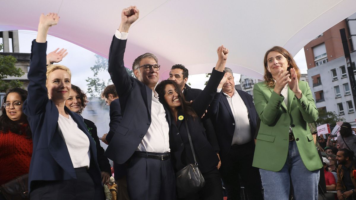 President of the Green Party Marine Tondelier, right, attends a campaign meeting of the France