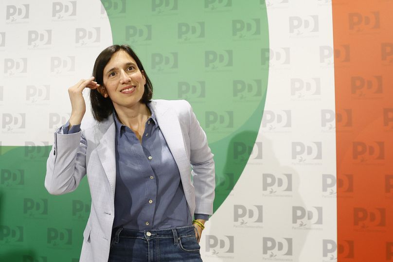 La chef du Parti démocrate italien, Elly Schlein, rencontre les médias après les élections européennes à Rome, le lundi 10 juin 2024. 