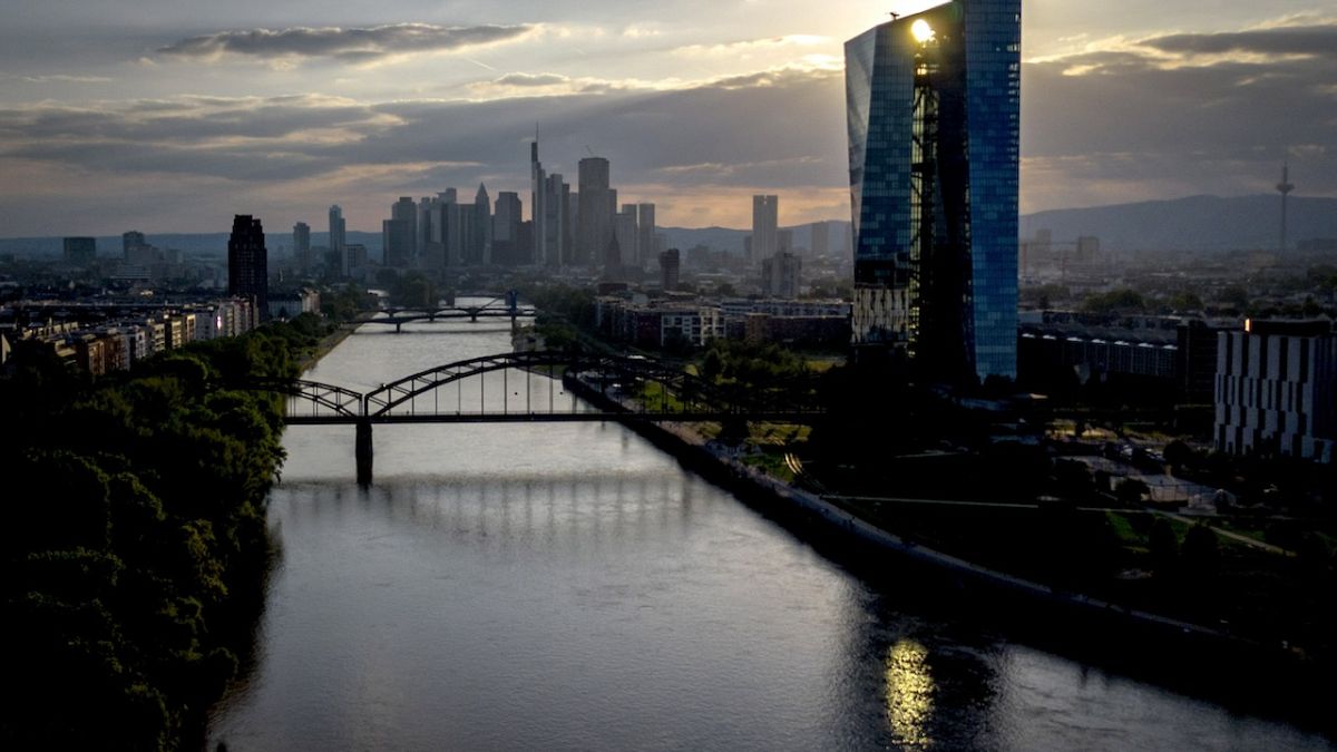 Sun setting over the European Central Bank, Frankfurt