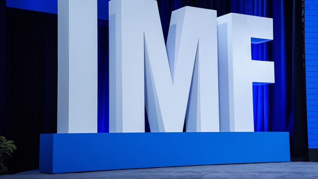 Letters spell out IMF during a news conference about the International Monetary Fund