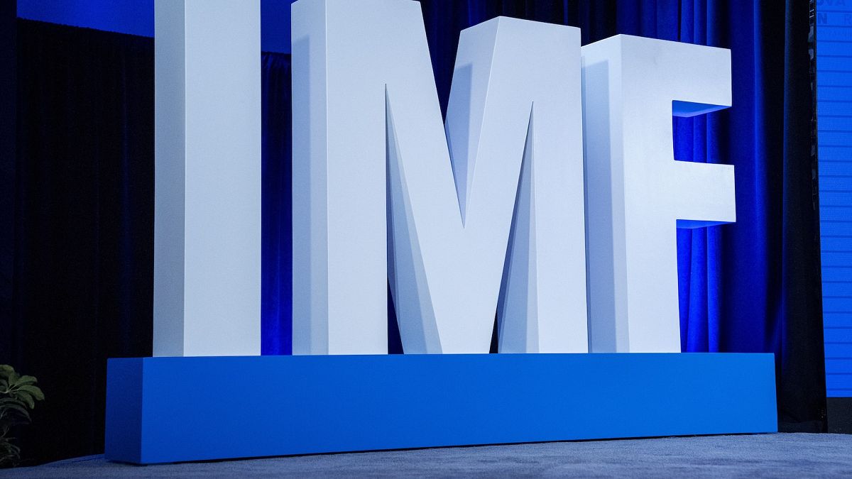 Letters spell out IMF during a news conference about the International Monetary Fund