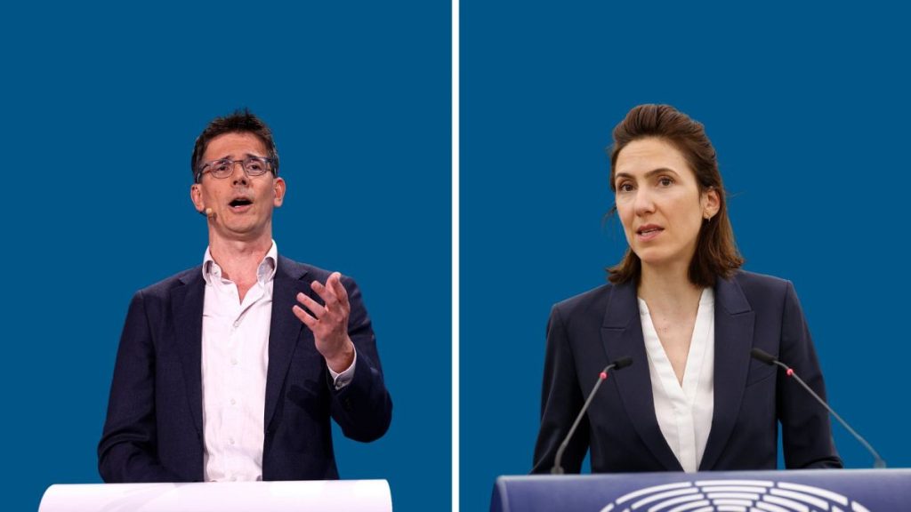 Bas Eickhout, lead candidate for the European Greens, and Valerie Hayer, of the presidential Renew party, at an election event.