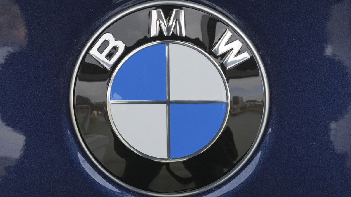 This is the BMW logo on a BMW automobile on display at the Pittsburgh International Auto Show in Pittsburgh, Feb. 15, 2024. (AP Photo/Gene J. Puskar)