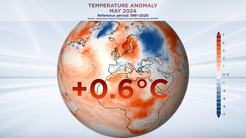 Anomalie de température mai 2024. Données du service Copernicus sur le changement climatique mis en œuvre par le CEPMMT