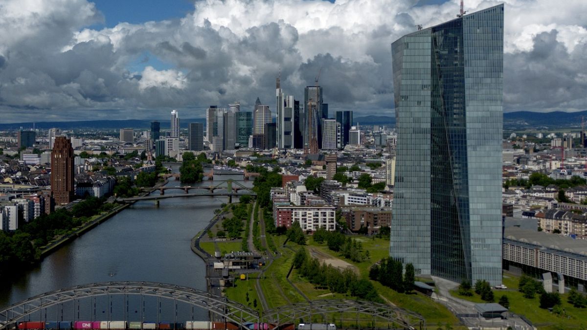 Clouds cover the sky over the banking district with the European Central Bank, in Frankfurt, Germany,