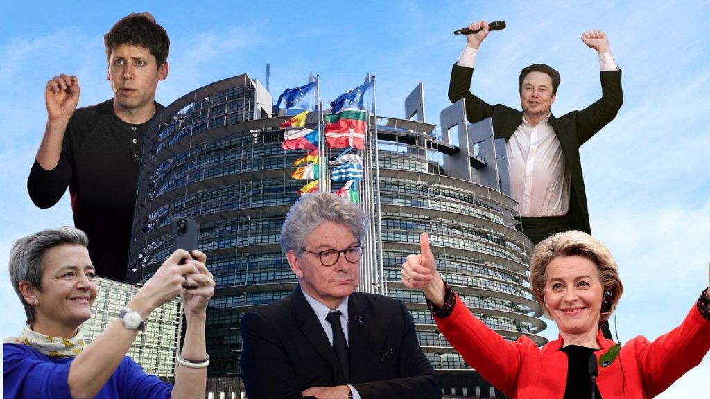 Margrethe Vestager (Commissioner for Competition), Sam Altman (CEO of OpenAI), Thierry Breton (Commissioner for Internal Market), Elon Musk (CEO of X) and Ursula von der Leyen