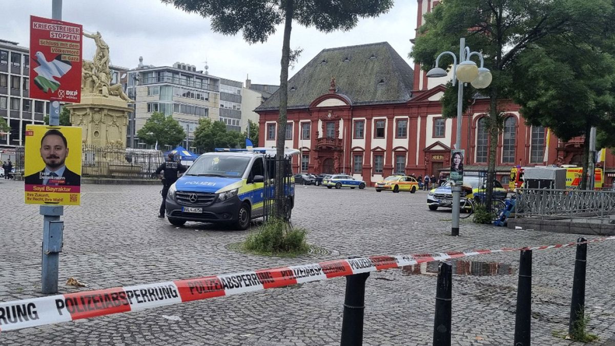 The area is cordoned off as police and firefighters are deployed following an incident on Mannheim