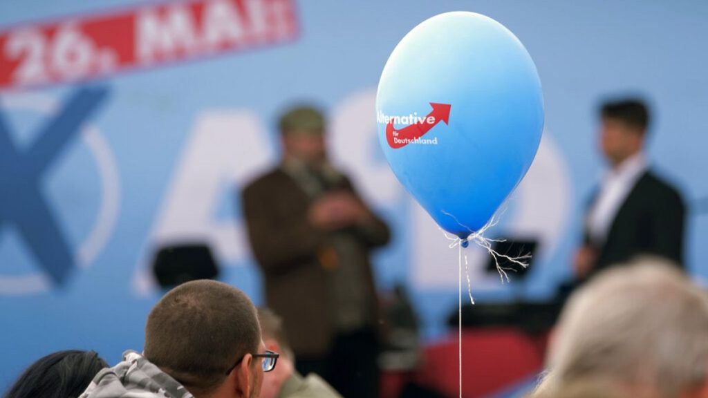 People attend an event during the street Europe and communal election campaigning of the far-right Alternative for Germany AfD