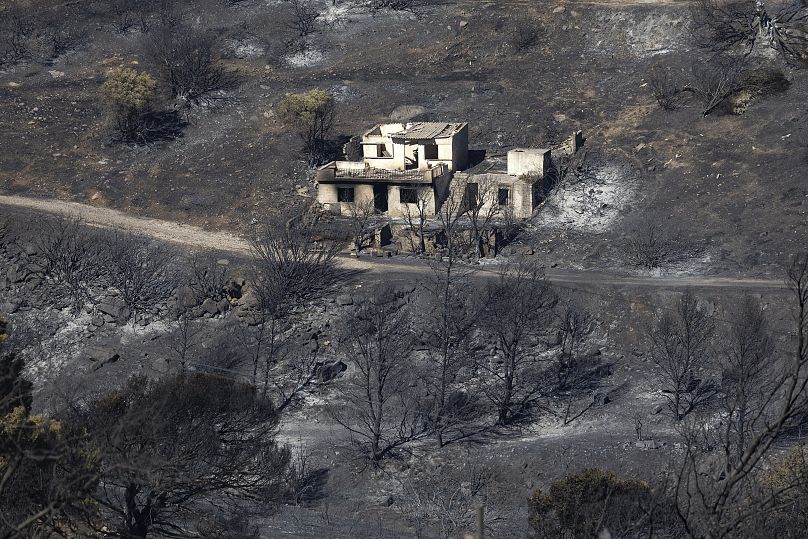 Une maison détruite est vue au milieu d'une zone brûlée après un incendie de forêt dans la région de Keratea, au sud-est d'Athènes, en Grèce, le dimanche 30 juin 2024.