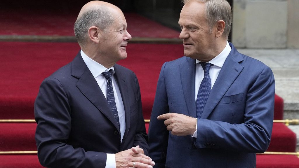 Olaf Scholz and Donald Tusk review the guard of honour Prime Minister Chancellery in Warsaw, Poland.
