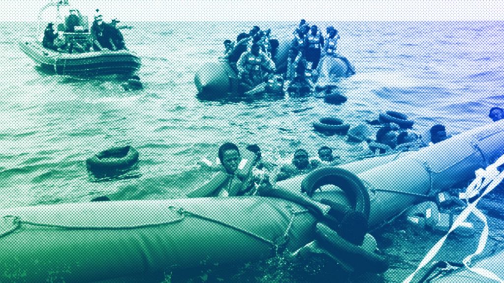 Migrants aboard a rubber boat end up in the water while others cling on to a centifloat before being rescued by a team of the Sea Watch-3, October 2021