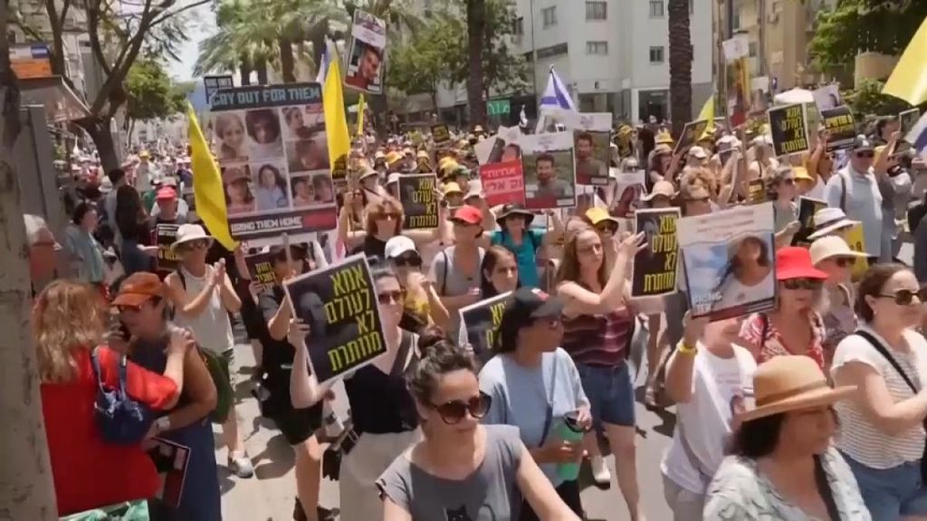 Mothers of Israeli hostages held by Hamas march in Tel Aviv.