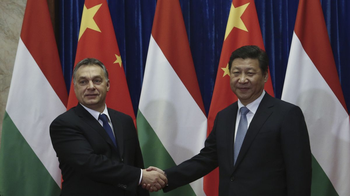 Hungarian Prime Minister Viktor Orbán and Chinese President Xi Jinping shake hands before a meeting at the Great Hall of the People in Beijing.