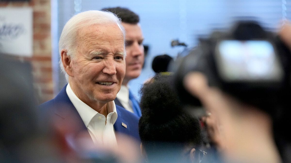 President Joe Biden greets volunteers at a campaign office in Philadelphia on Sunday, July 7, 2024.