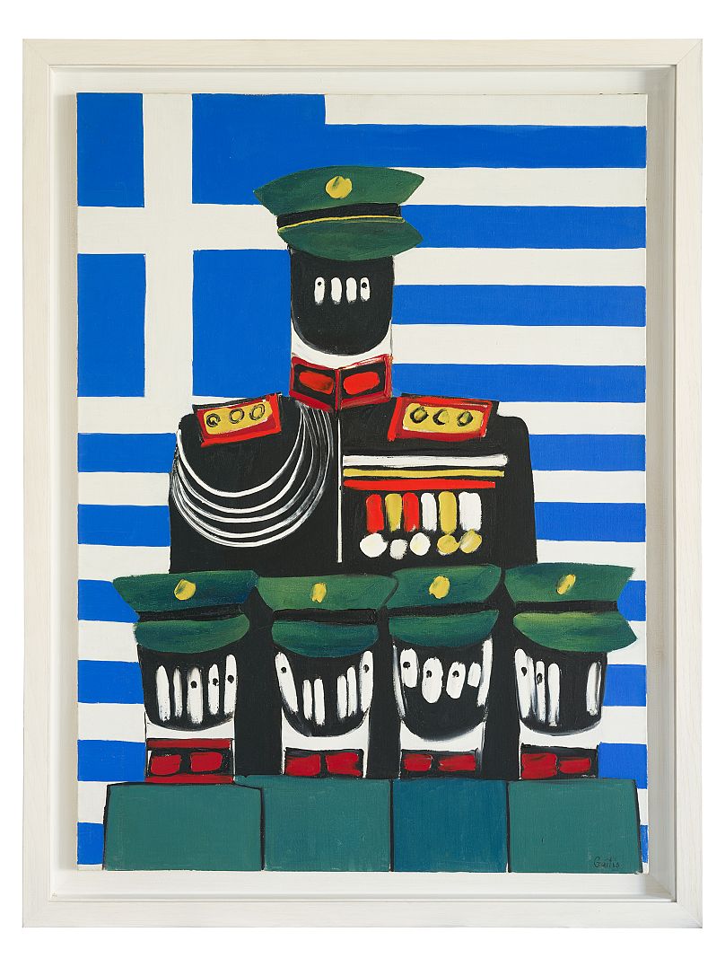 Yannis Gaitis (1923–1984), Les Grands et les Jeunes, 1967 Panneau, 100 × 81 cm Collection Irène Panagopoulos