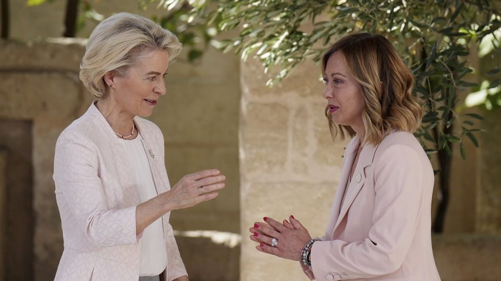 European Commission President Ursula von der Leyen is welcomed by Italian Premier Giorgia Meloni for a G7 world leaders summit at Borgo Egnazia, 13 June 2024