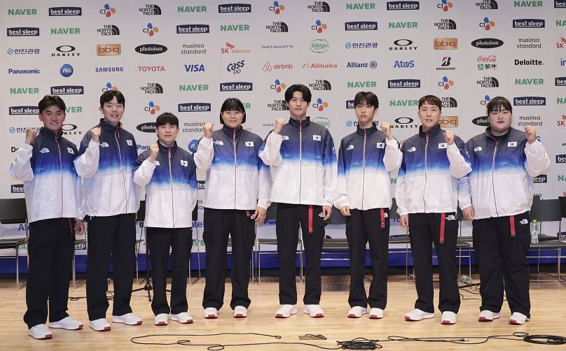 South Korean national team members wear uniforms during a media day at the Korean National Training Center in Jincheon, South Korea, on 26 June 2024