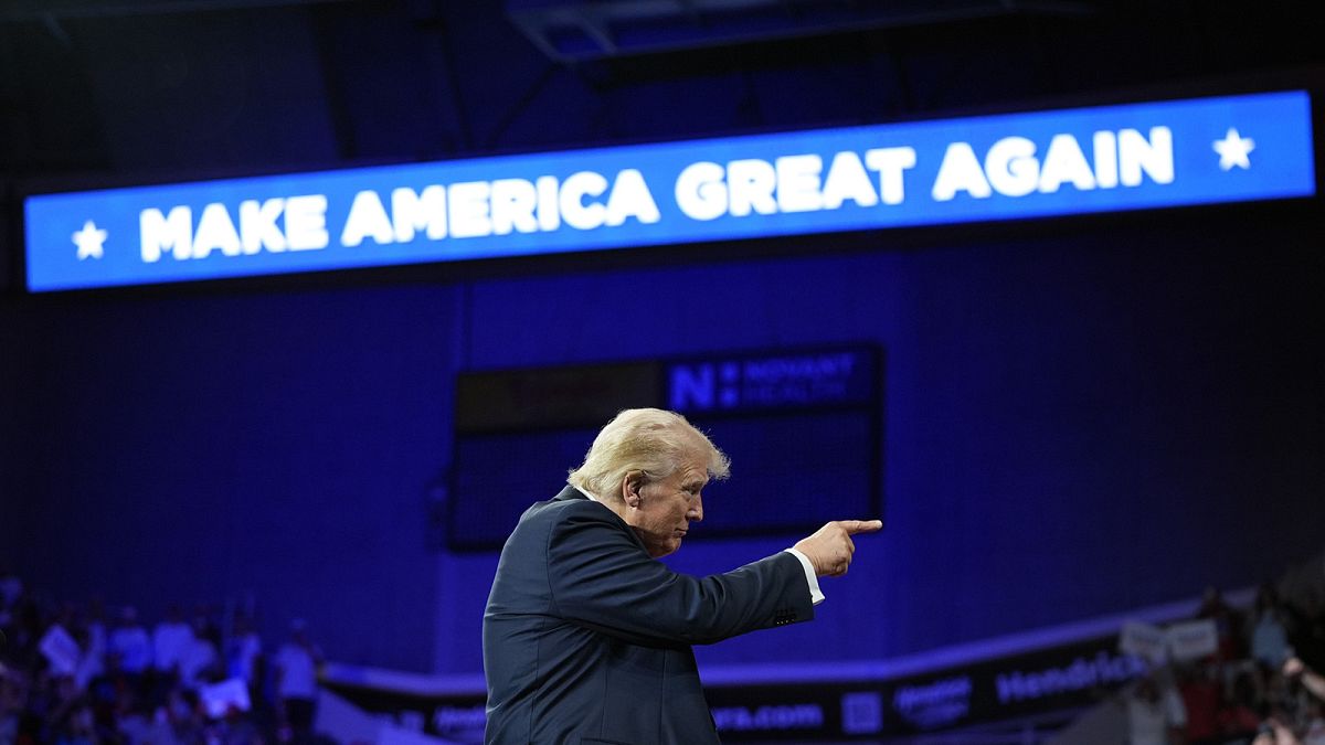 Republican presidential candidate former President Donald Trump gestures after speaking at a campaign rally in Charlotte, NC, 24 July 2024