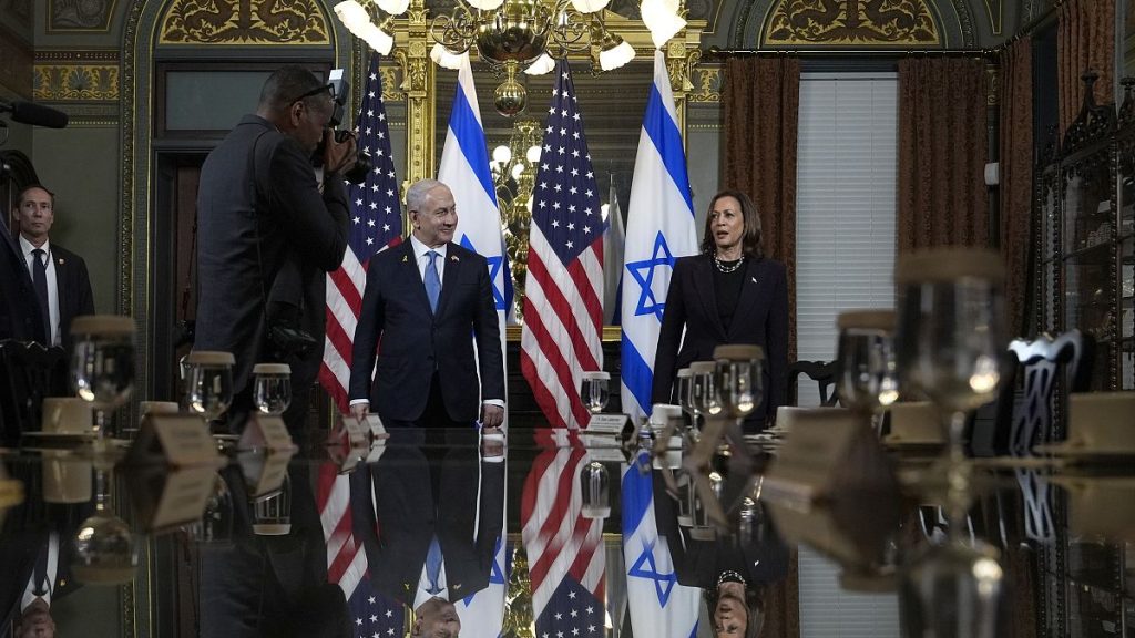 US Vice President Kamala Harris and Israeli Prime Minister Benjamin Netanyahu before a meeting in the White House, July 25, 2024