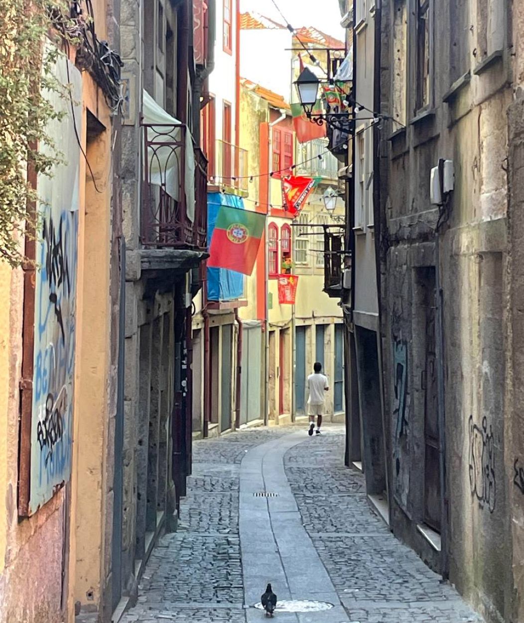 Winding street in Ribeira district of Porto, July 2024