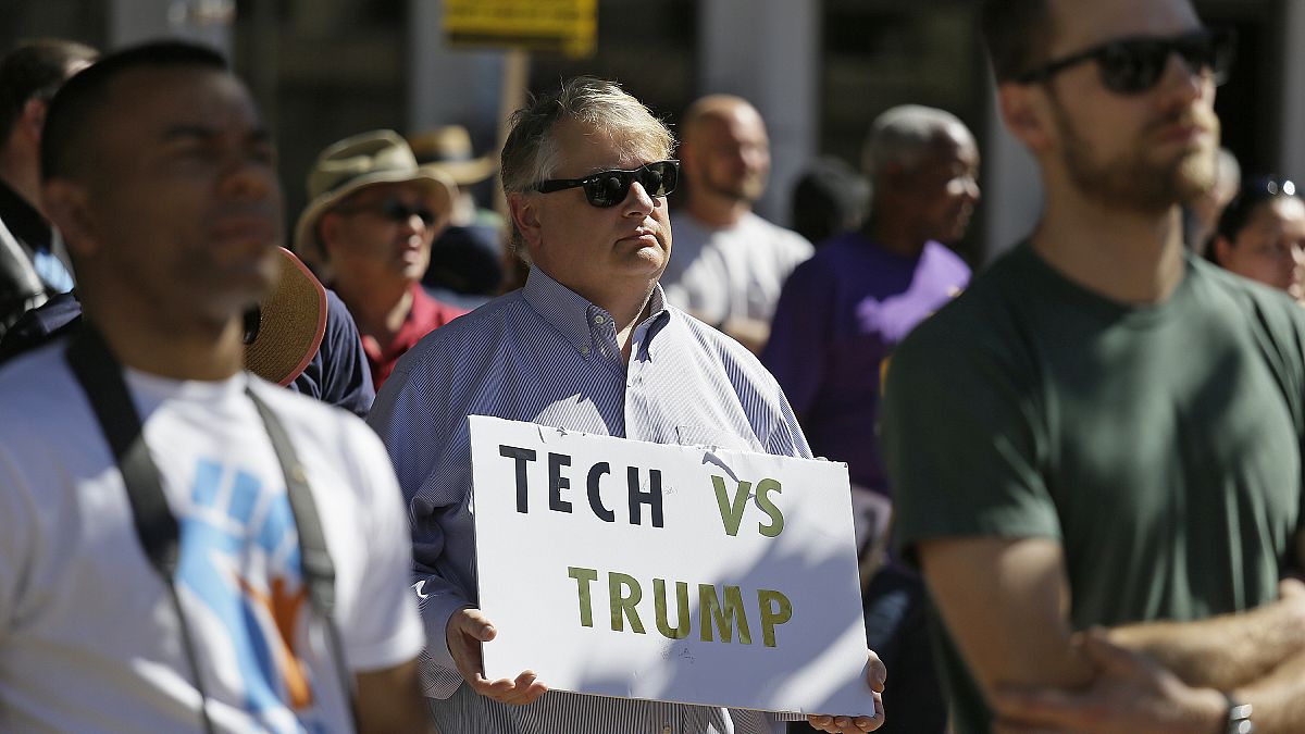 A Tech Stands Up rally in 2017: employees rallied together to call on their companies and CEOs to stand with their workers against injustice and hate.