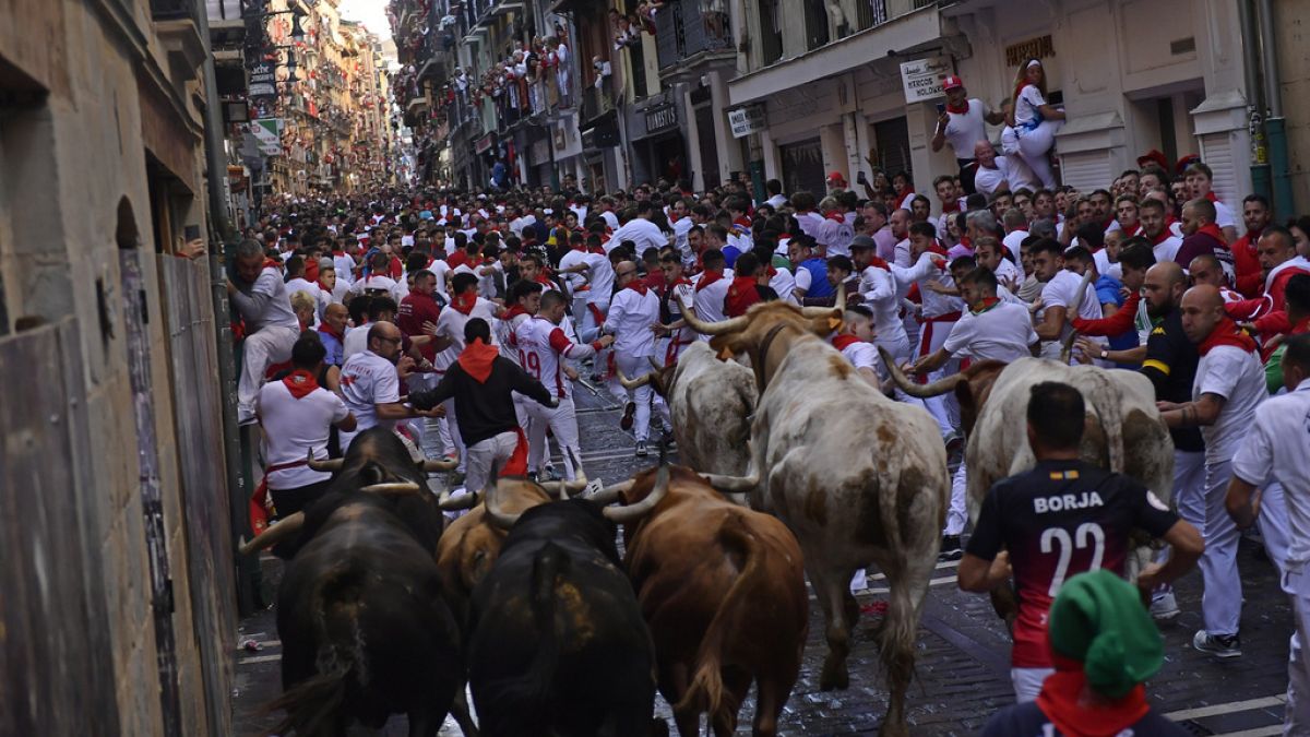 The first day of the running of the bulls at the San Fermín fiestas in Pamplona, Spain, Sunday, July 7, 2024.