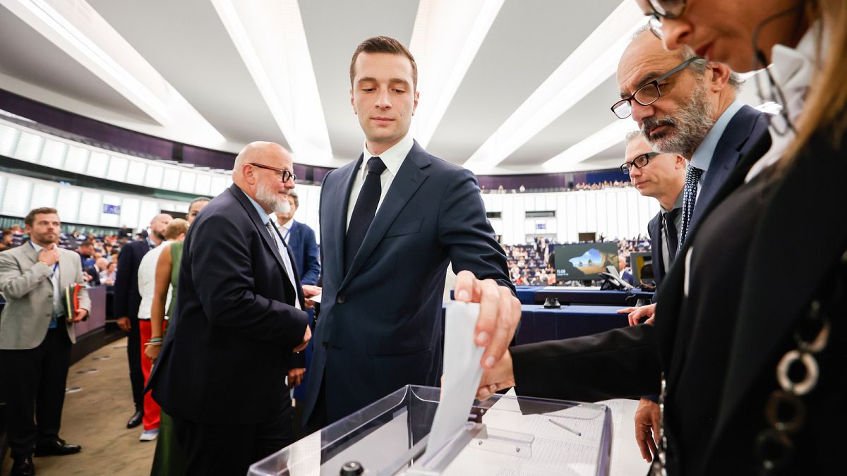 Jordan Bardella votes in a secret ballot for the European Parliament vice-presidents, Tuesday 16 July 2024