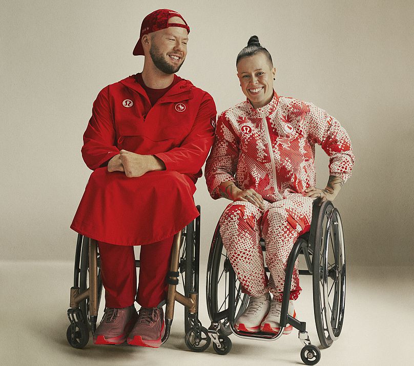 Image released by Lululemon shows Canadian Olympic athletes Zak Madell, left, and Cindy Ouellet.