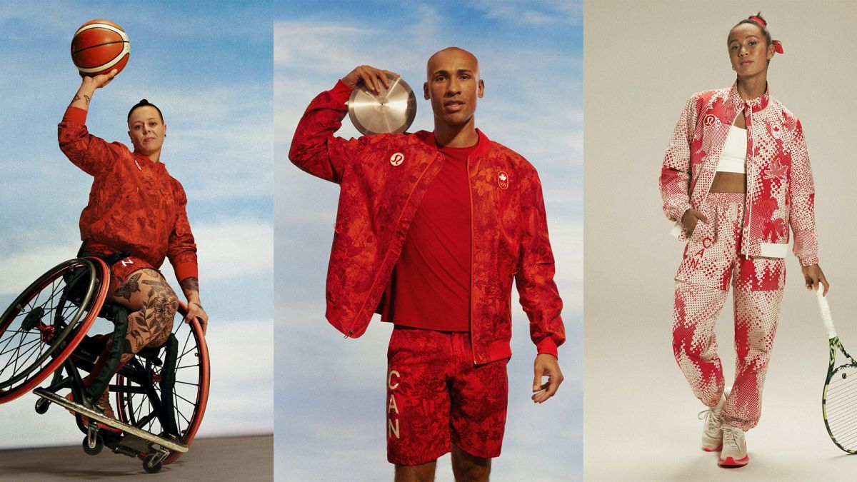 Canadian Olympic athletes, from left, Cindy Ouellet, Damian Warner and Leylah Fernandez, attired in Lululemon kit.