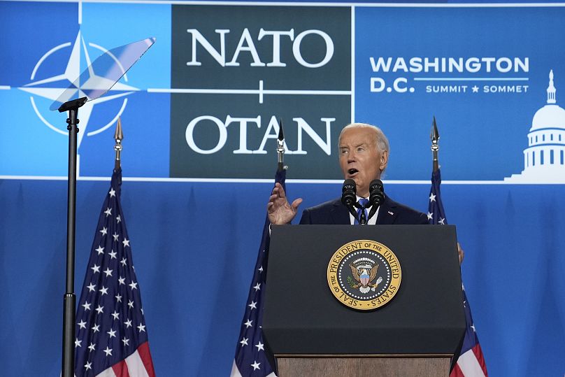 Le président Joe Biden s'exprime lors d'une conférence de presse le dernier jour du sommet de l'OTAN à Washington, le 11 juillet 2024