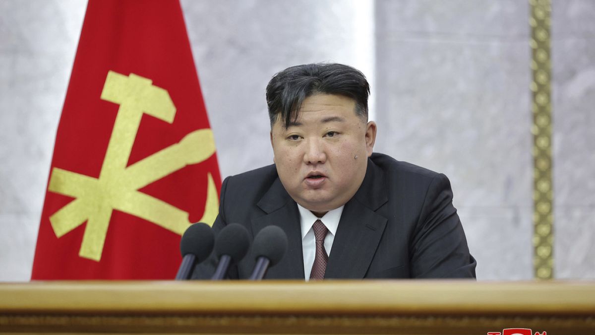 In this photo provided on Tuesday, July 2, 2024, by the North Korean government, North Korean leader Kim Jong Un delivers a speech during a meeting.