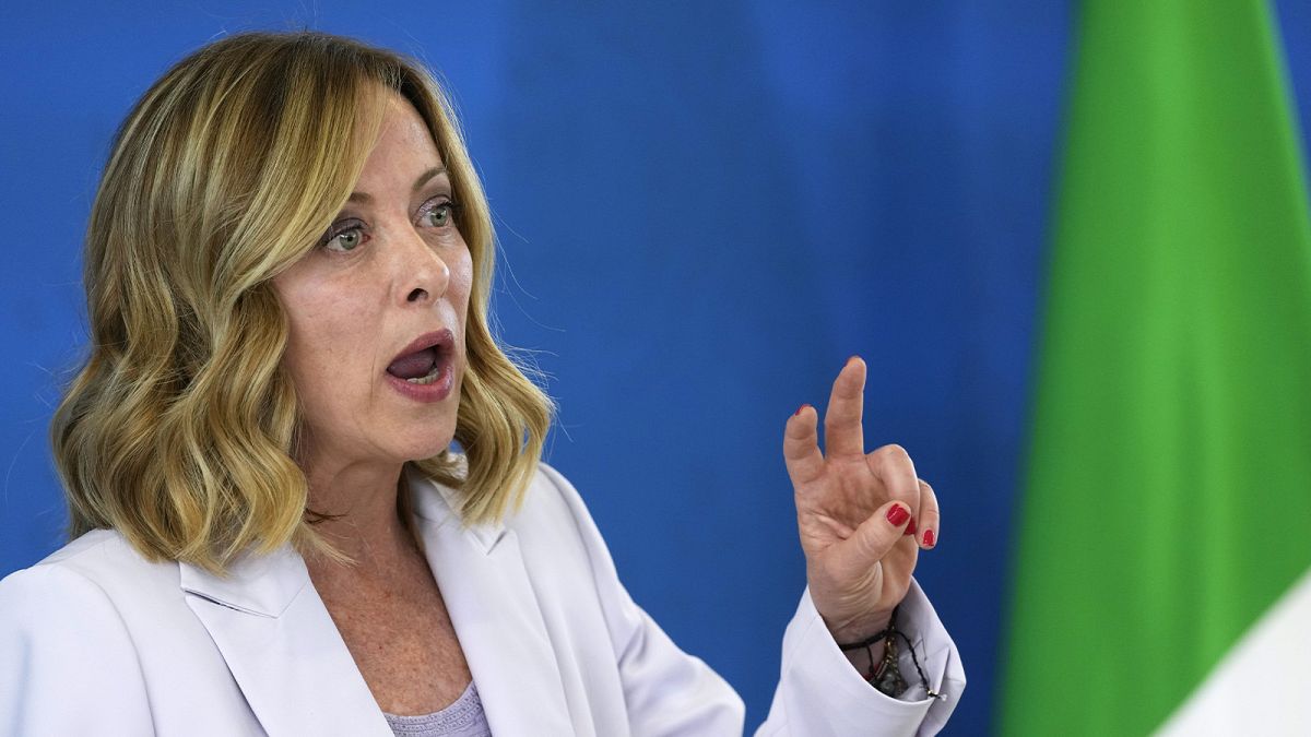 Italian Prime Minister Giorgia Meloni speaks during a final media conference at the G7 in Borgo Egnazia, near Bari, 15 June 2024