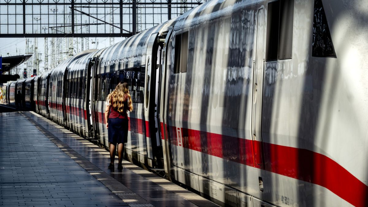 An ICE speed train is ready to leave the central train station in Frankfurt, Germany, Tuesday, June 25, 2024.